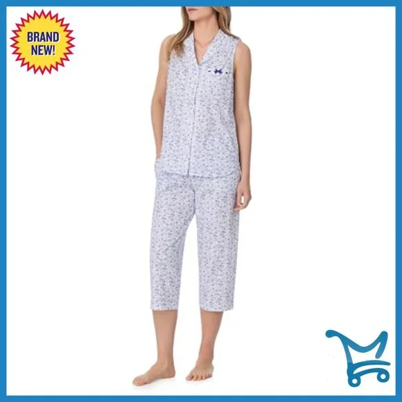 Large 100% Cotton Sleeveless Pajama Set with Capri Pants and Pocket